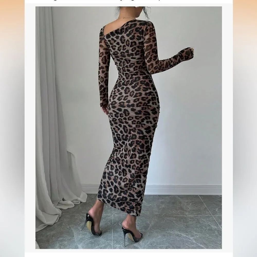 New Leopard print Asymmetrical Bodycon midi dress - Picture 4 of 9
